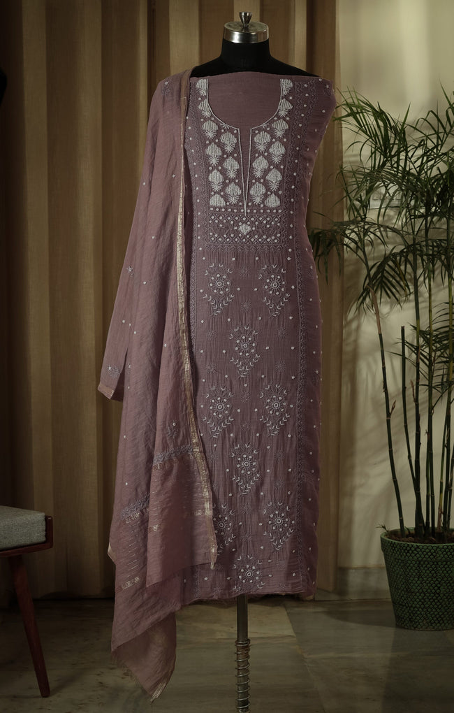 Urviya Unstiched Chikankari Suit Mul Chanderi - Cutdana and Pearl Work