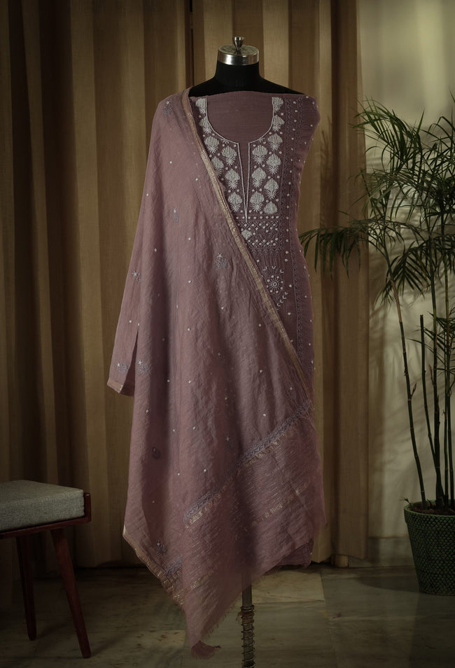 Urviya Unstiched Chikankari Suit Mul Chanderi - Cutdana and Pearl Work