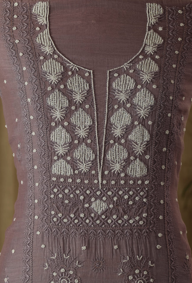 Urviya Unstiched Chikankari Suit Mul Chanderi - Cutdana and Pearl Work