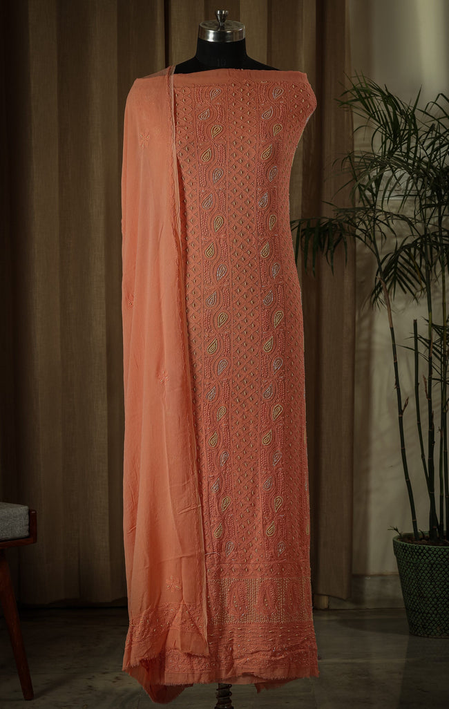 Urviya Unstiched Chikankari Georgette Suit Piece With Colourful Cutdana and Pearl Work