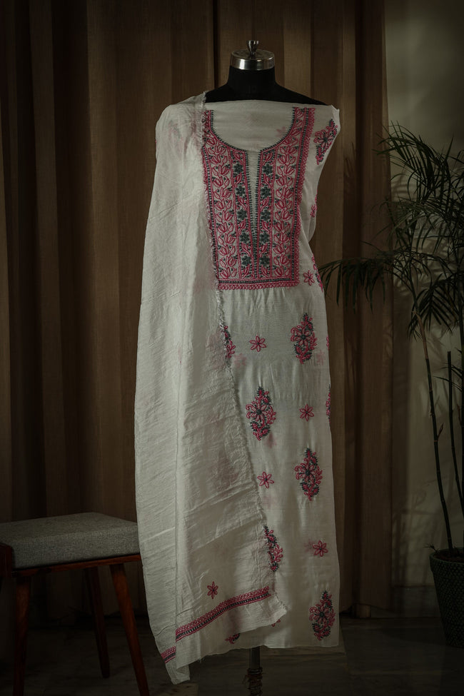 Urviya Unstiched Chikankari Chanderi Suit with Coloured Thread
