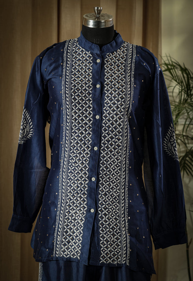 Urviya Semi Stiched Chikankari Chanderi Co-ord Set with Mukaish and Pitta Work
