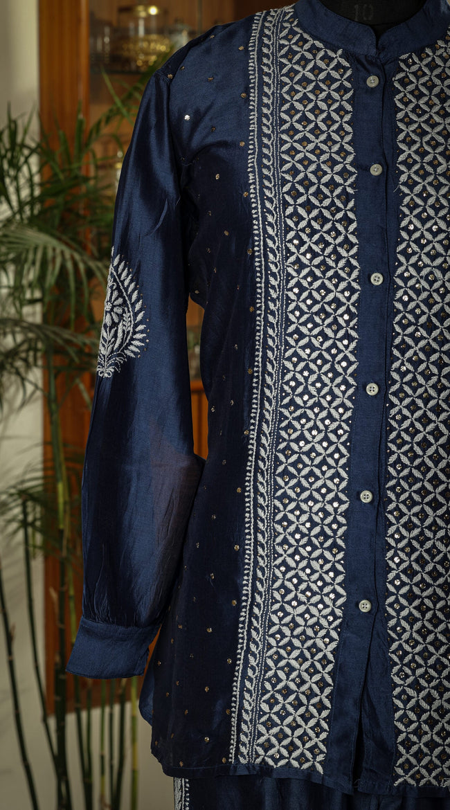 Urviya Semi Stiched Chikankari Chanderi Co-ord Set with Mukaish and Pitta Work