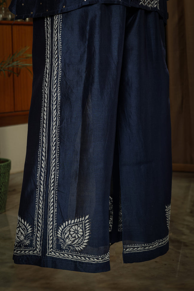 Urviya Semi Stiched Chikankari Chanderi Co-ord Set with Mukaish and Pitta Work