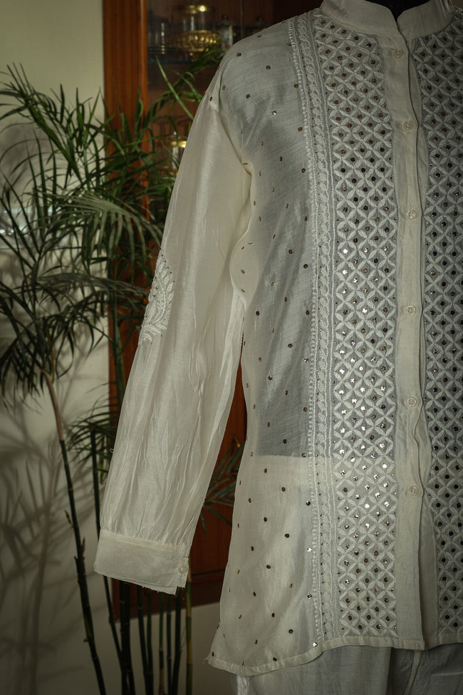 Urviya Semi Stiched Chikankari Chanderi Co-ord Set with Mukaish and Pitta Work