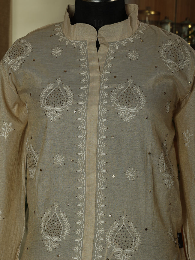 Urviya Semi Stiched Chikankari Pure Tissue Co-ord Set with Mukaish Work - Pattern 2