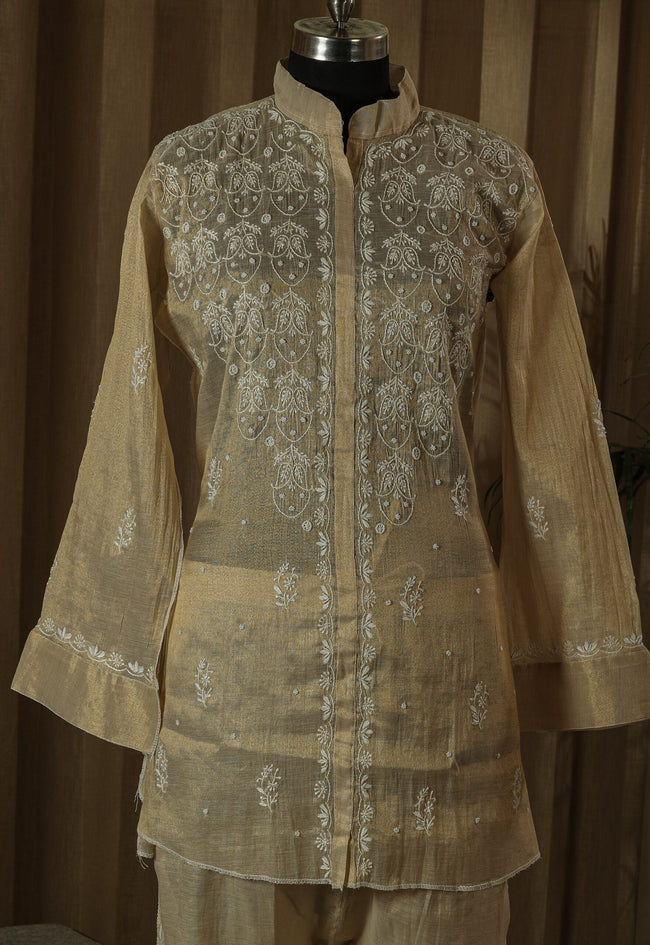Urviya Semi Stiched Chikankari Pure Tissue Co-ord Set with Mukaish Work - Pattern 1