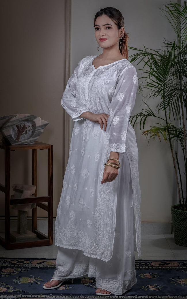 Urviya Chikankari Muslin Long Kurti - Bakhiya Gala Boota White