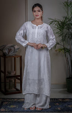Urviya Chikankari Muslin Long Kurti - Bakhiya Gala Boota White