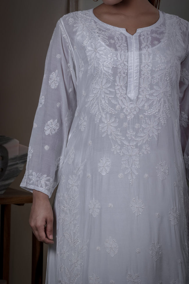 Urviya Chikankari Muslin Long Kurti - Bakhiya Gala Boota White
