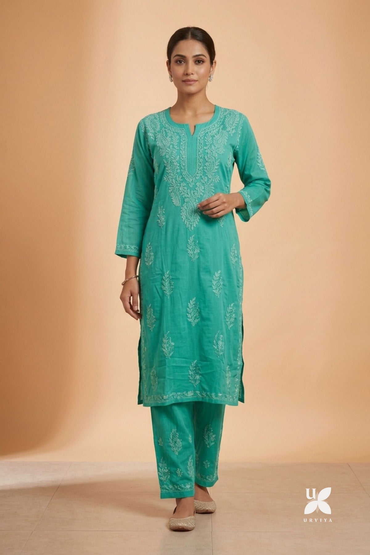Green Dobby Cotton Chikankari 2 Piece Set