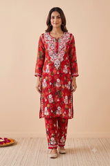 Red Cotton Printed Chikankari 2 Piece Set