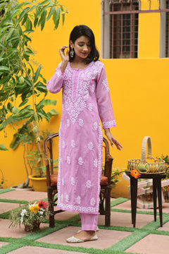 Purple Mul Chanderi Long Kurti 3 Piece Set