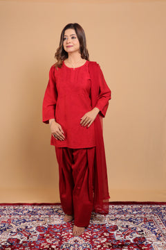 Red Chanderi Short Kurti 3 Piece Set