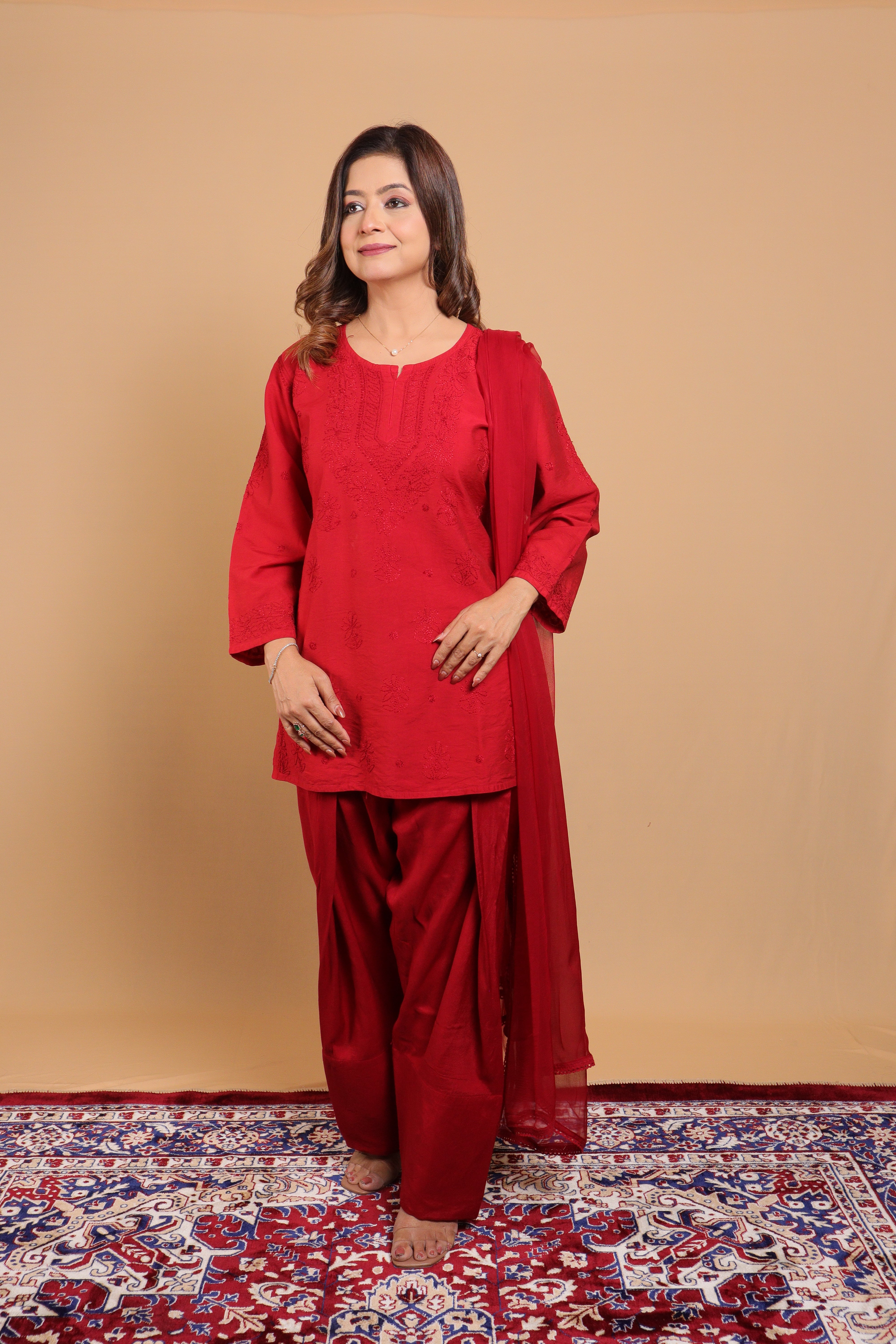 Red Chanderi Short Kurti 2 Piece Set