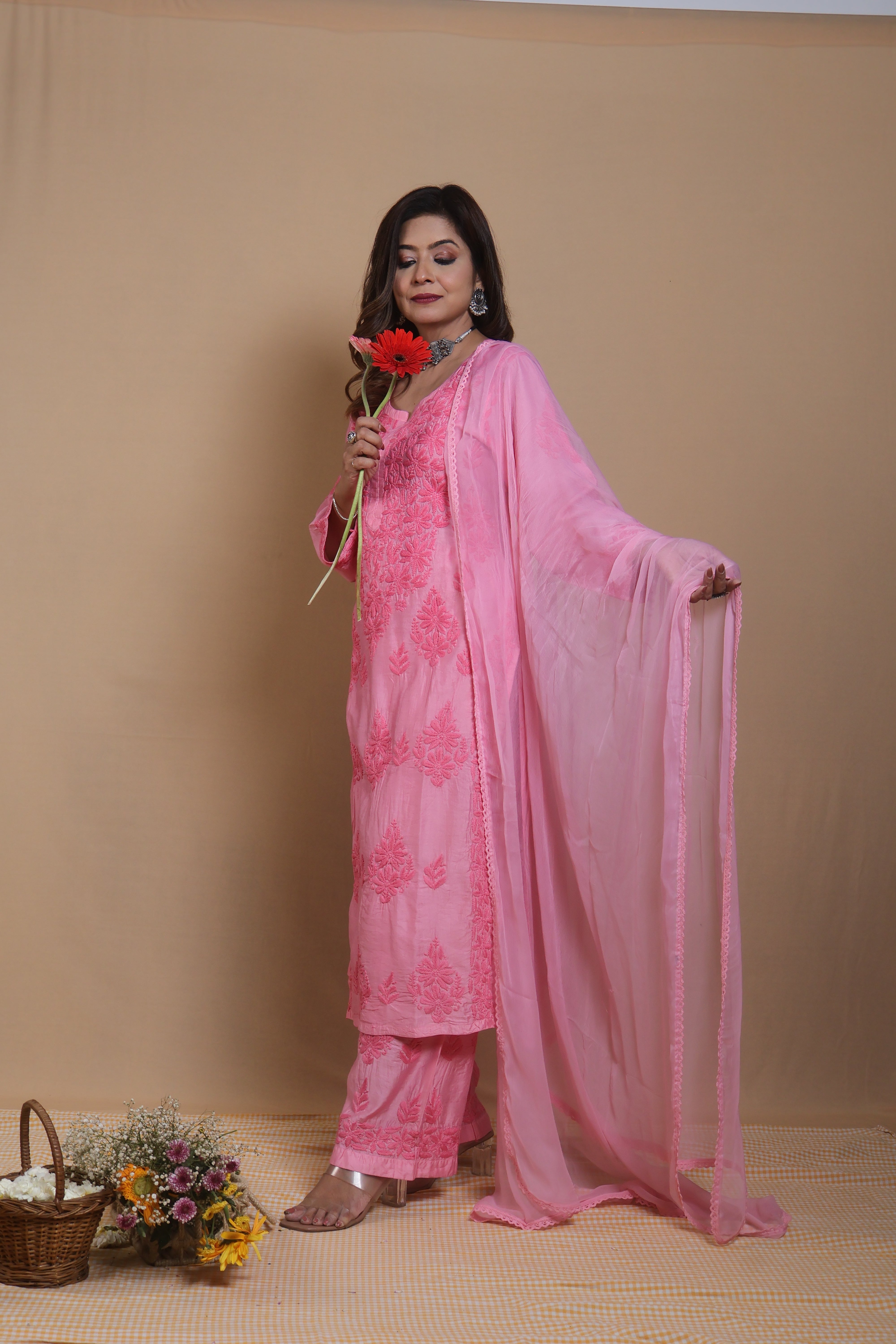 Pink Chanderi Ghaspatti 3 Piece Set