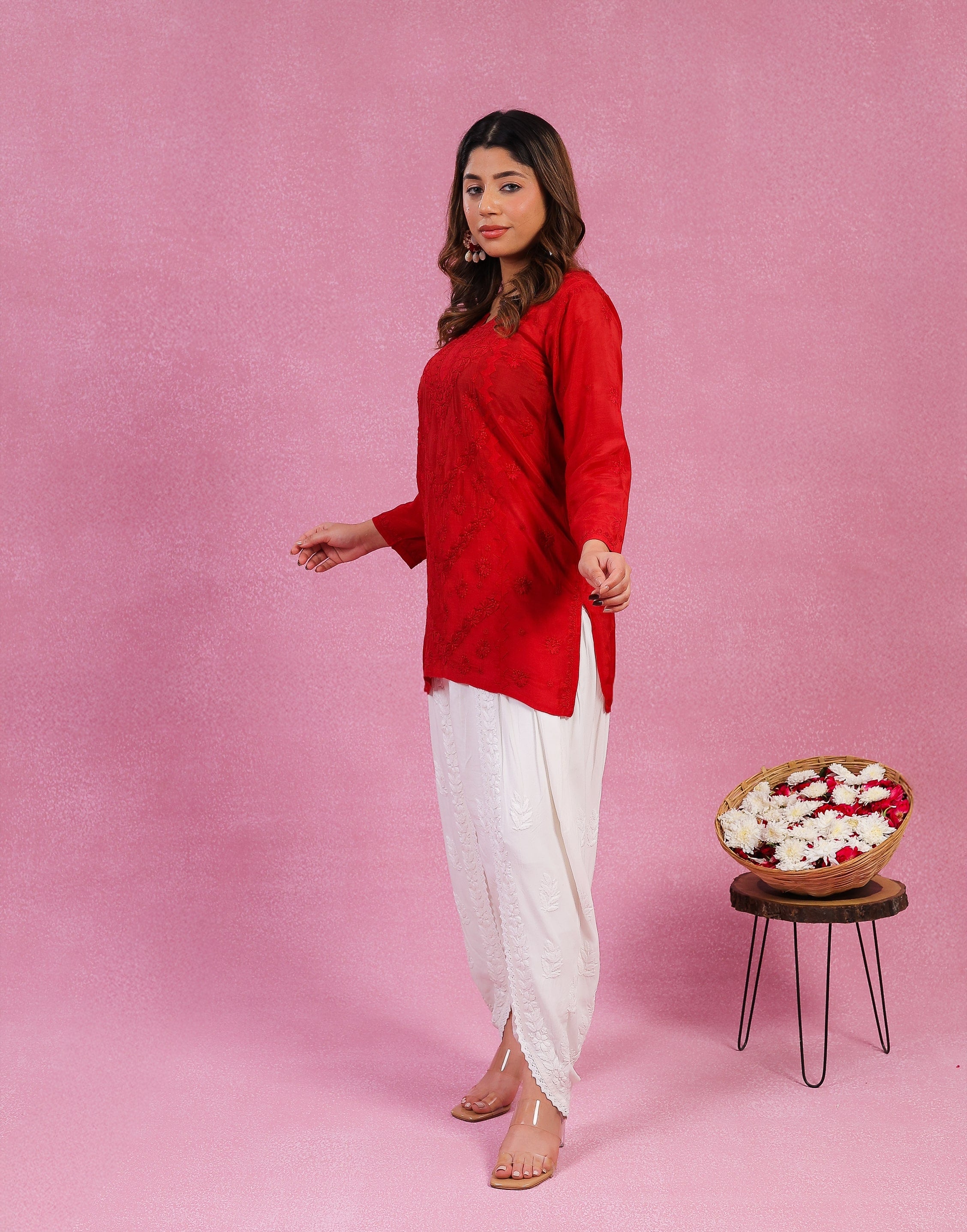 Chikankari Muslin Daraj Short Kurti - Red