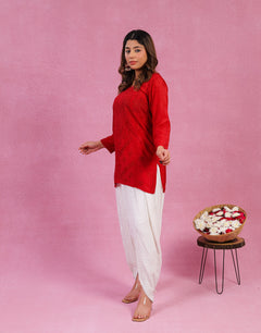 Red Muslin Chikankari Short Kurti with Daraj Work