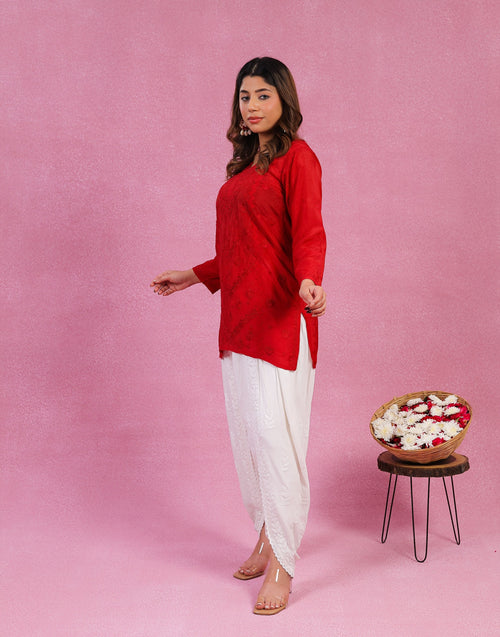 Urviya  Chikankari Muslin Short Kurti – Daraj Work Red