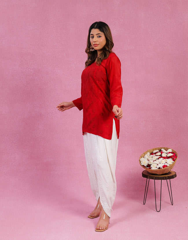 Urviya  Chikankari Muslin Short Kurti – Daraj Work Red