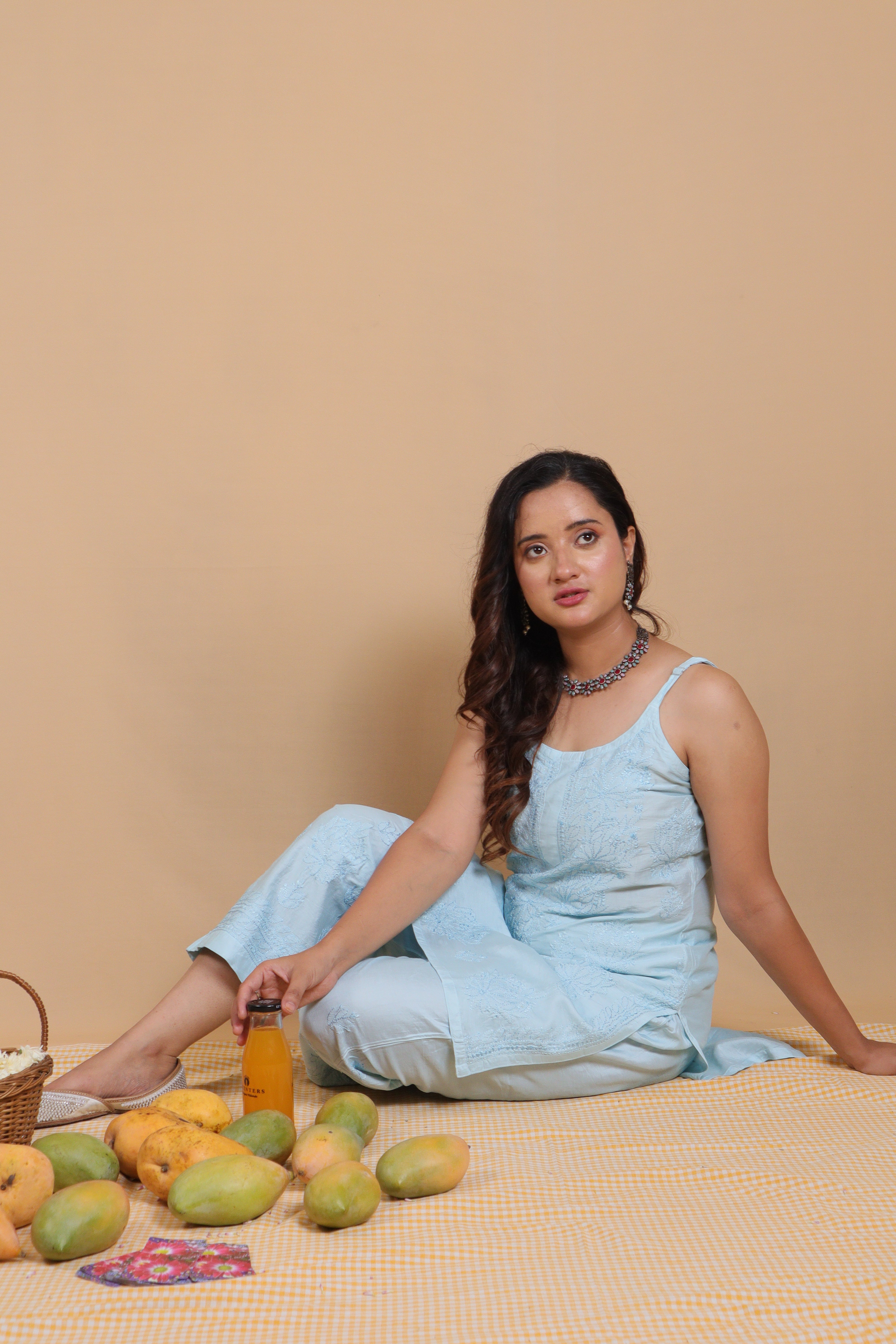 Blue Chanderi Spaghetti Bakhiya 2 Piece Set