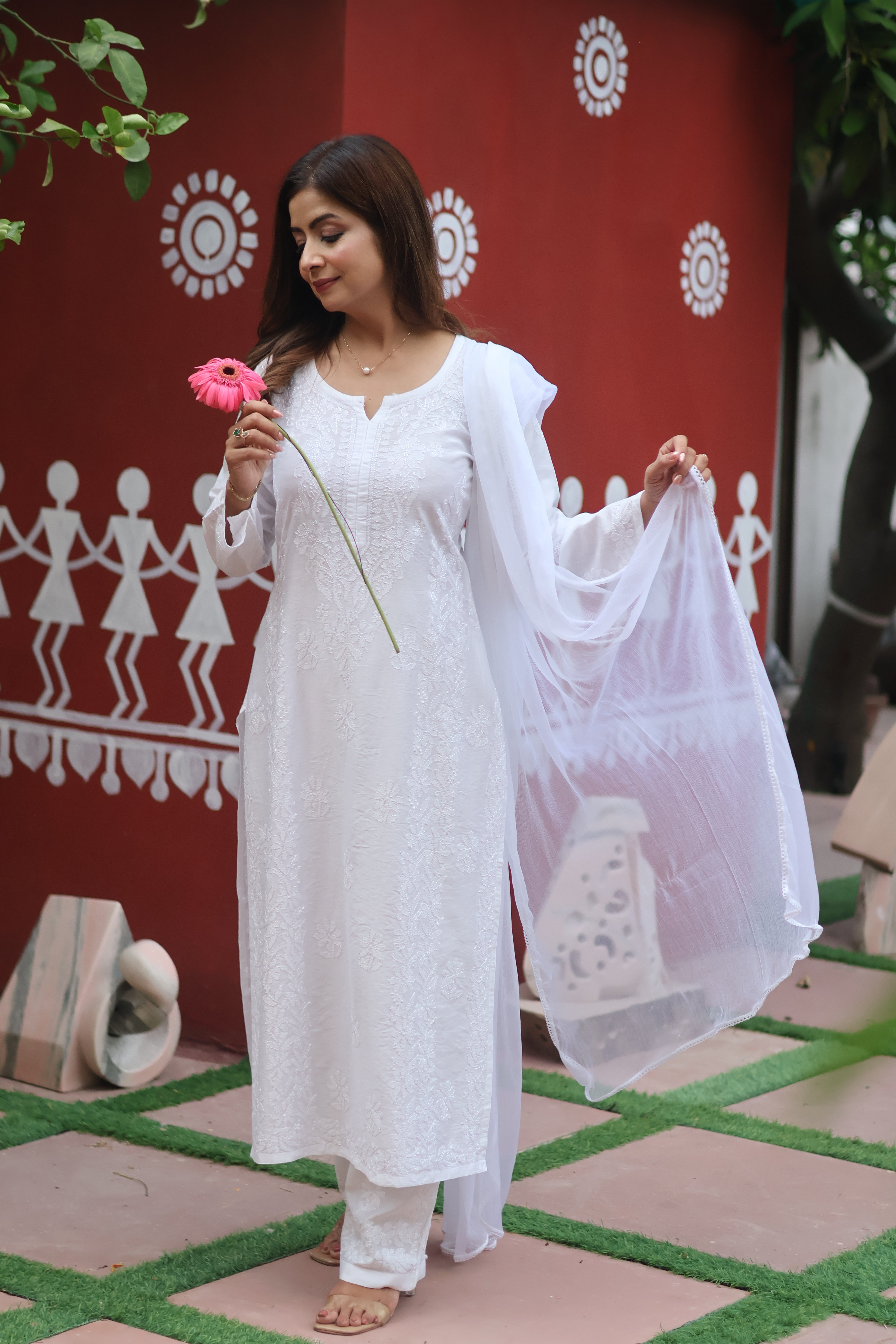 White Chanderi Bakhiya 3 Piece Set