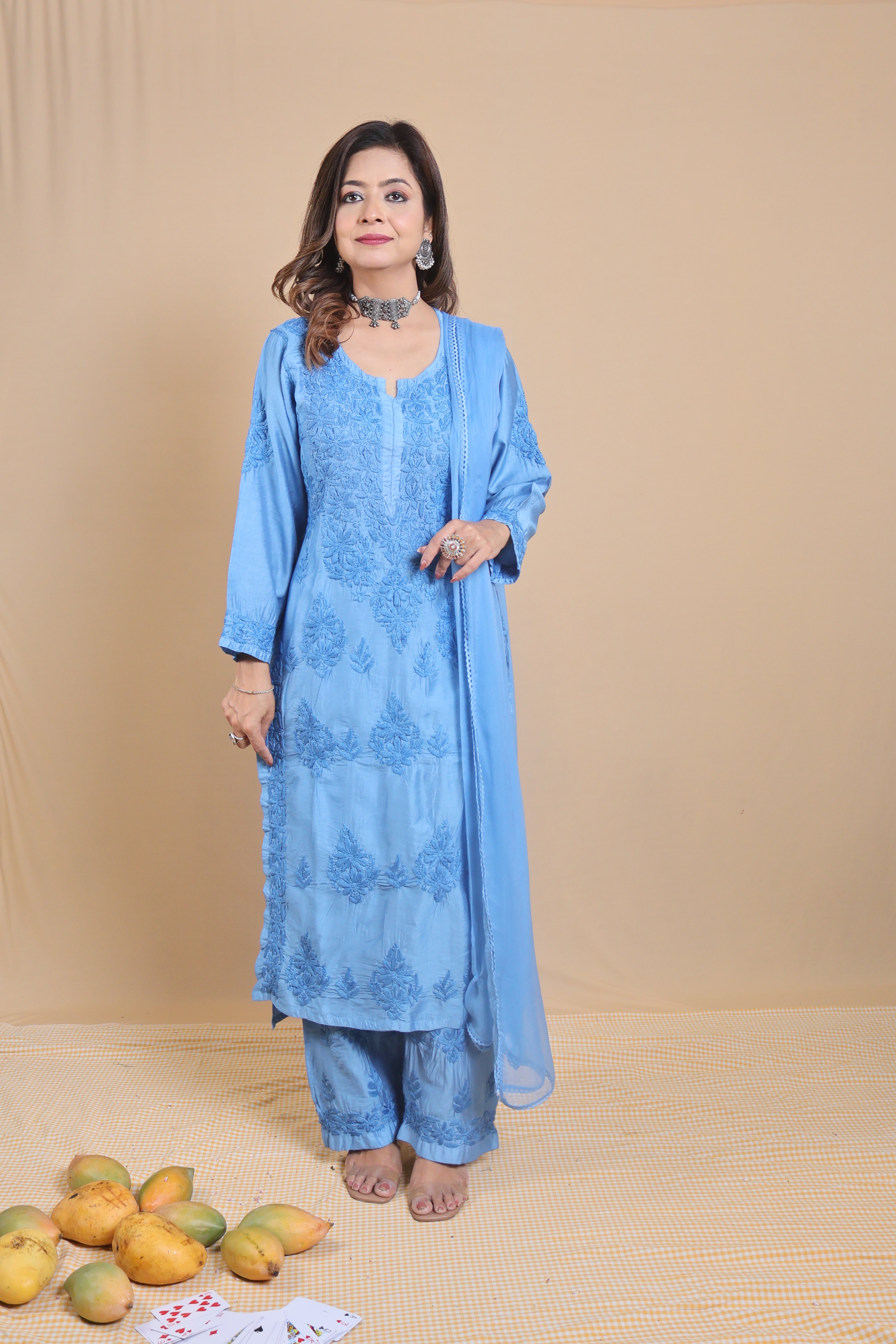Blue Chanderi Ghaspatti 3 Piece Set