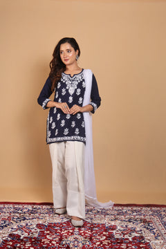 Navy Blue Modal Short Kurta Gala Boota 2 Piece Set