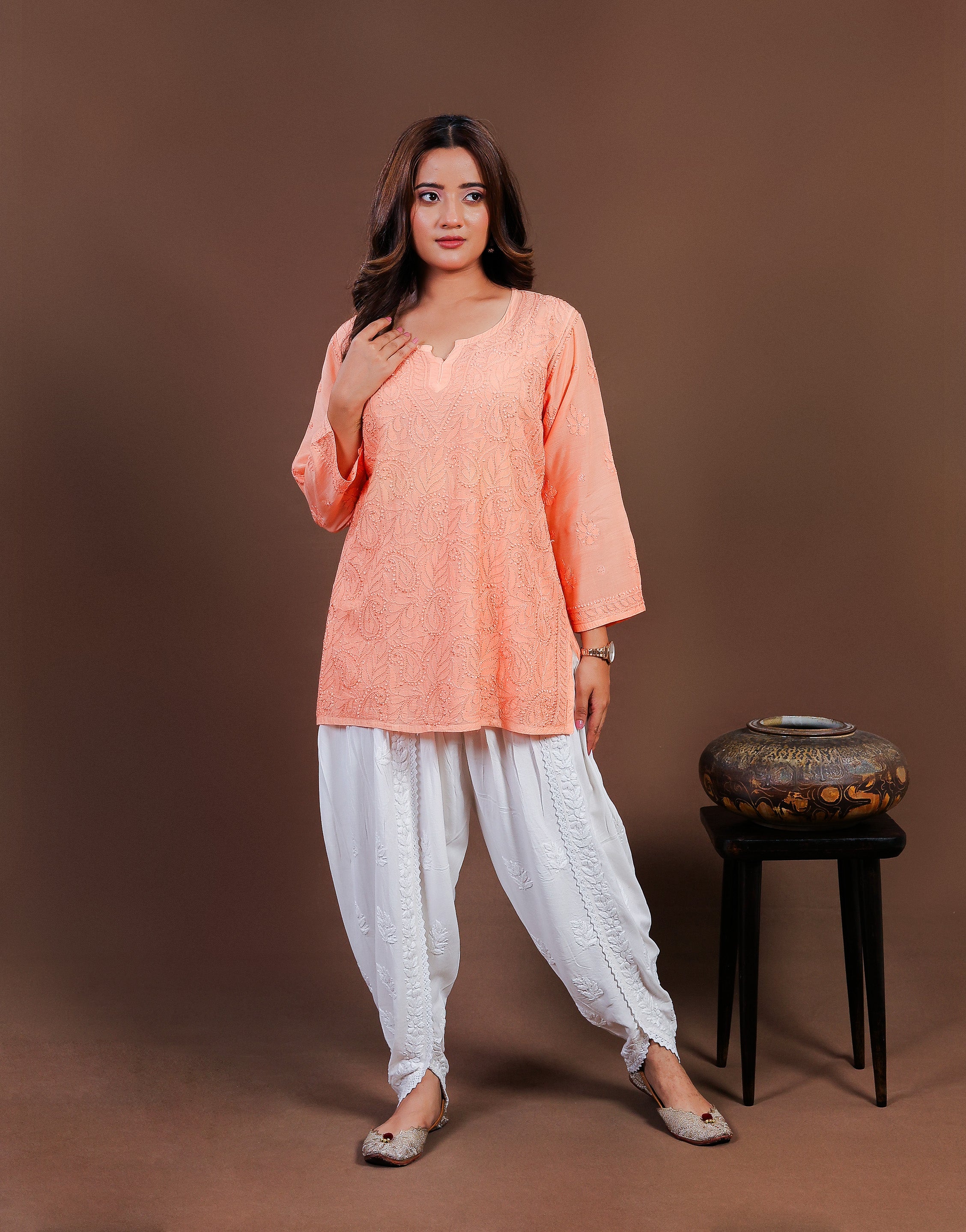 Chikankari Muslin Short Kurti Full Jaal - Peach