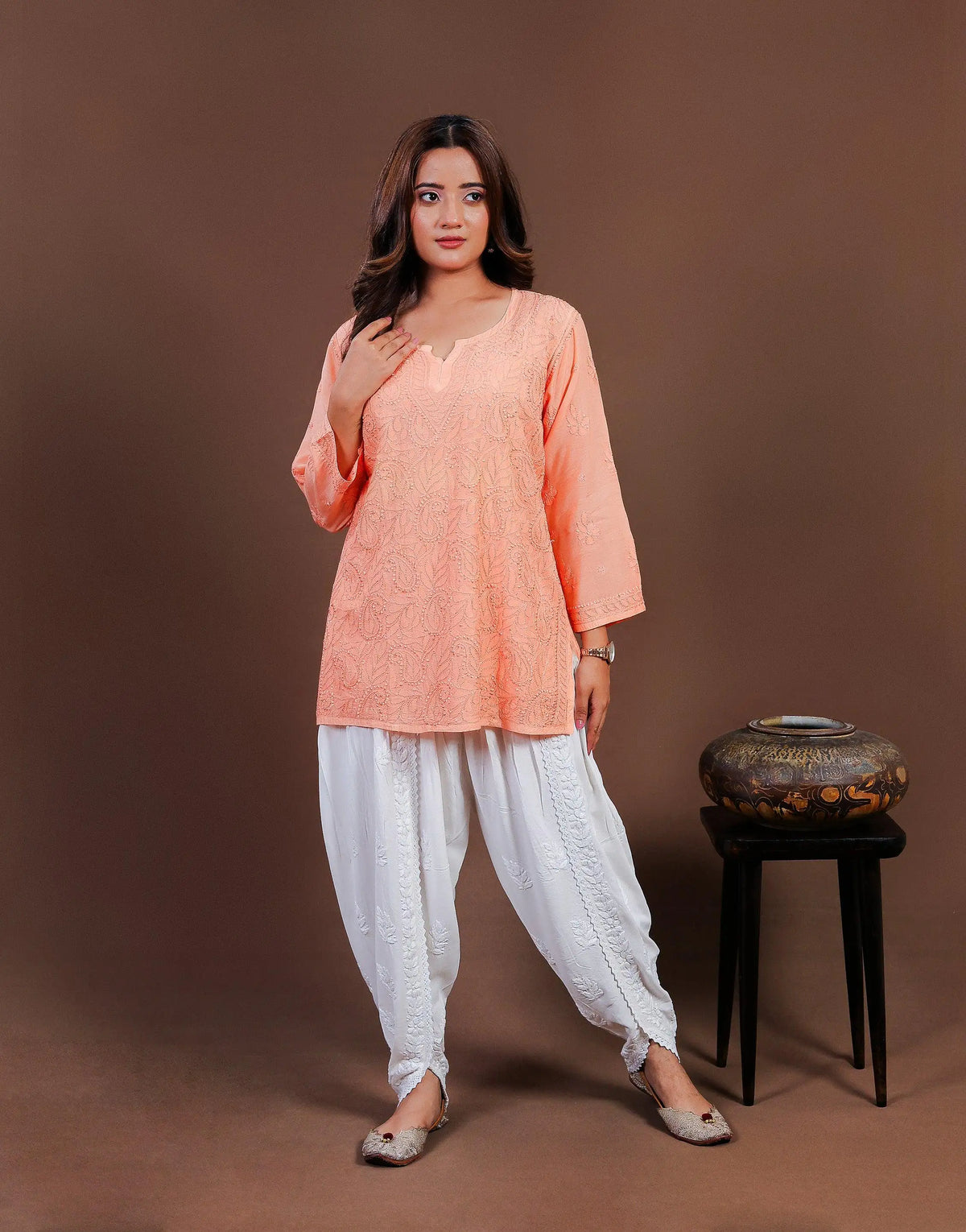 Peach Muslin Chikankari Short Kurti with Full Jaal Work Peach Muslin Chikankari Short Kurti with Full Jaal Work 