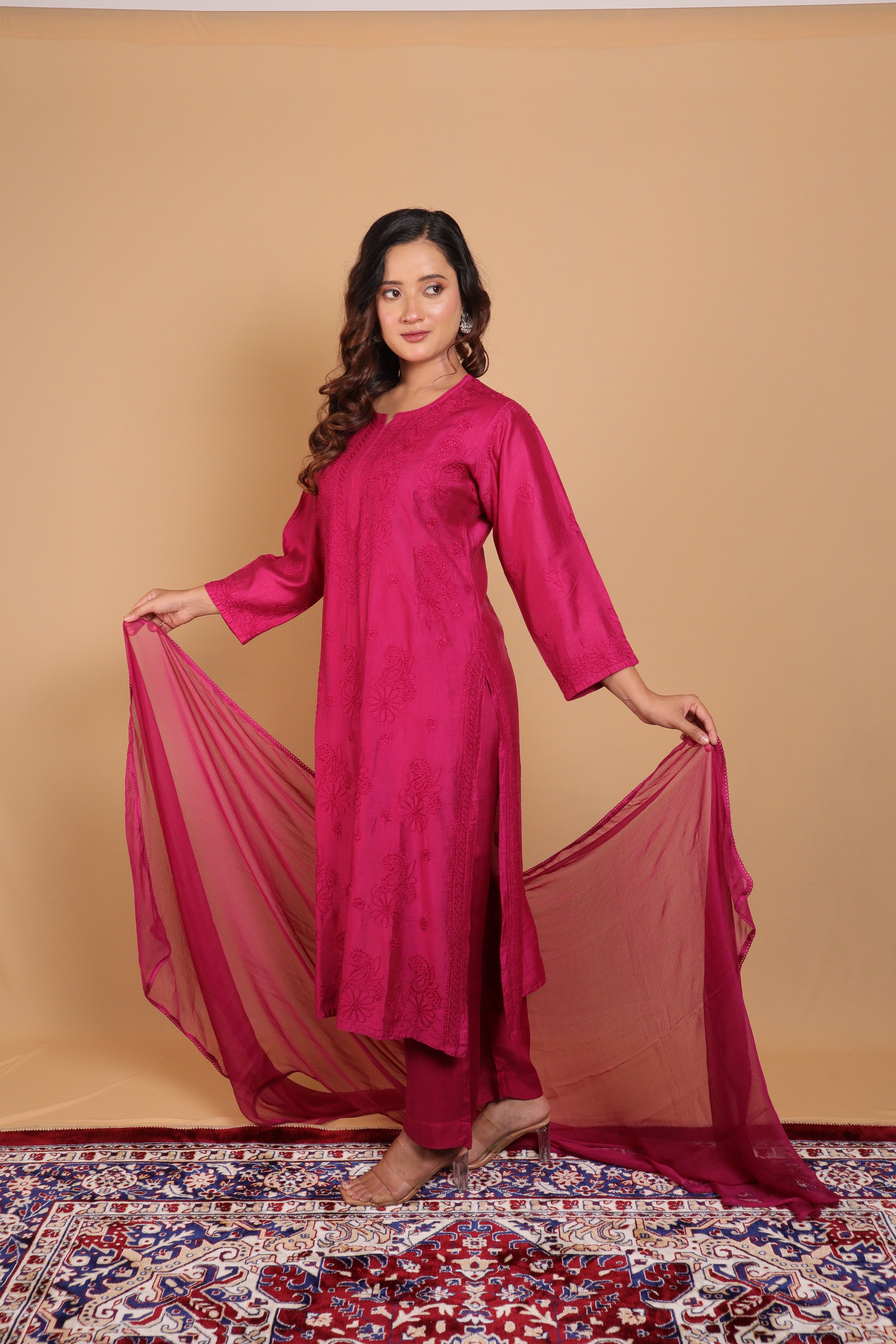Purple Chanderi Long Kurti 2 Piece Set