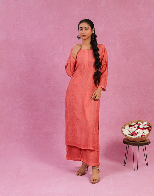 Urviya Chikankari Chanderi 2 piece Set Red