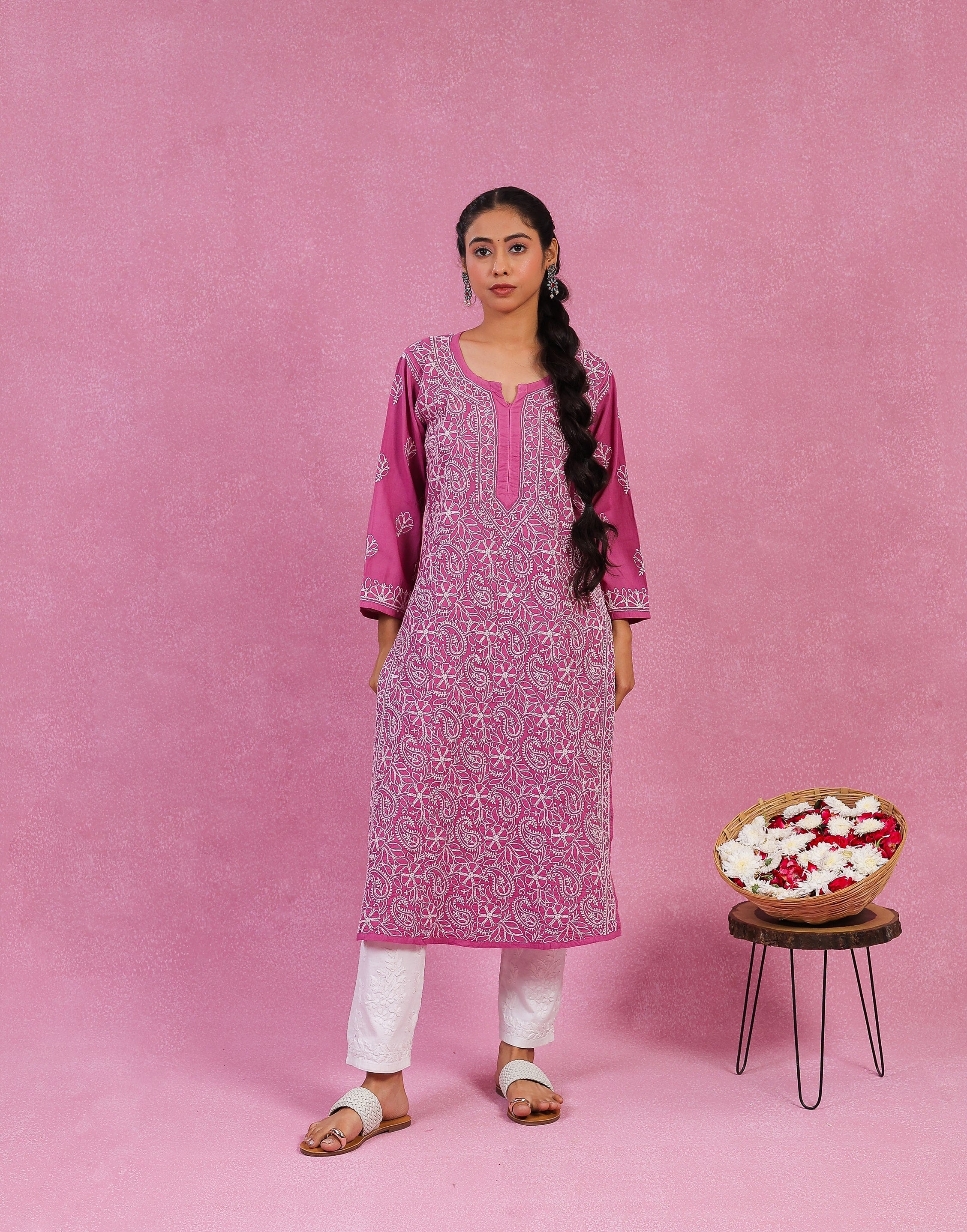 Urviya Chikankari Mul Cotton Long Kurti - Full Jaal Purple