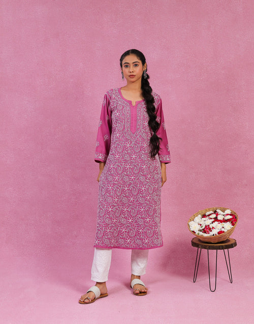 Urviya Chikankari Mul Cotton Long Kurti - Full Jaal Purple