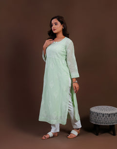Green Mul Chanderi Nyra Cut Long Kurti