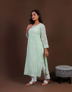 Urviya Chikankari Mul Chanderi Long Kurti – Nyra Cut with Jaali Boota Green