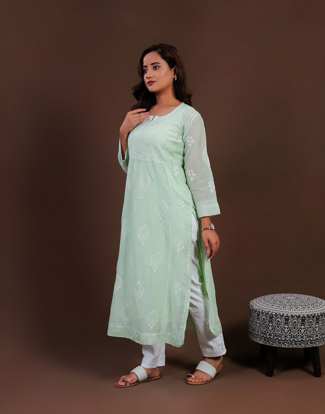 Urviya Chikankari Mul Chanderi Long Kurti – Nyra Cut with Jaali Boota Green