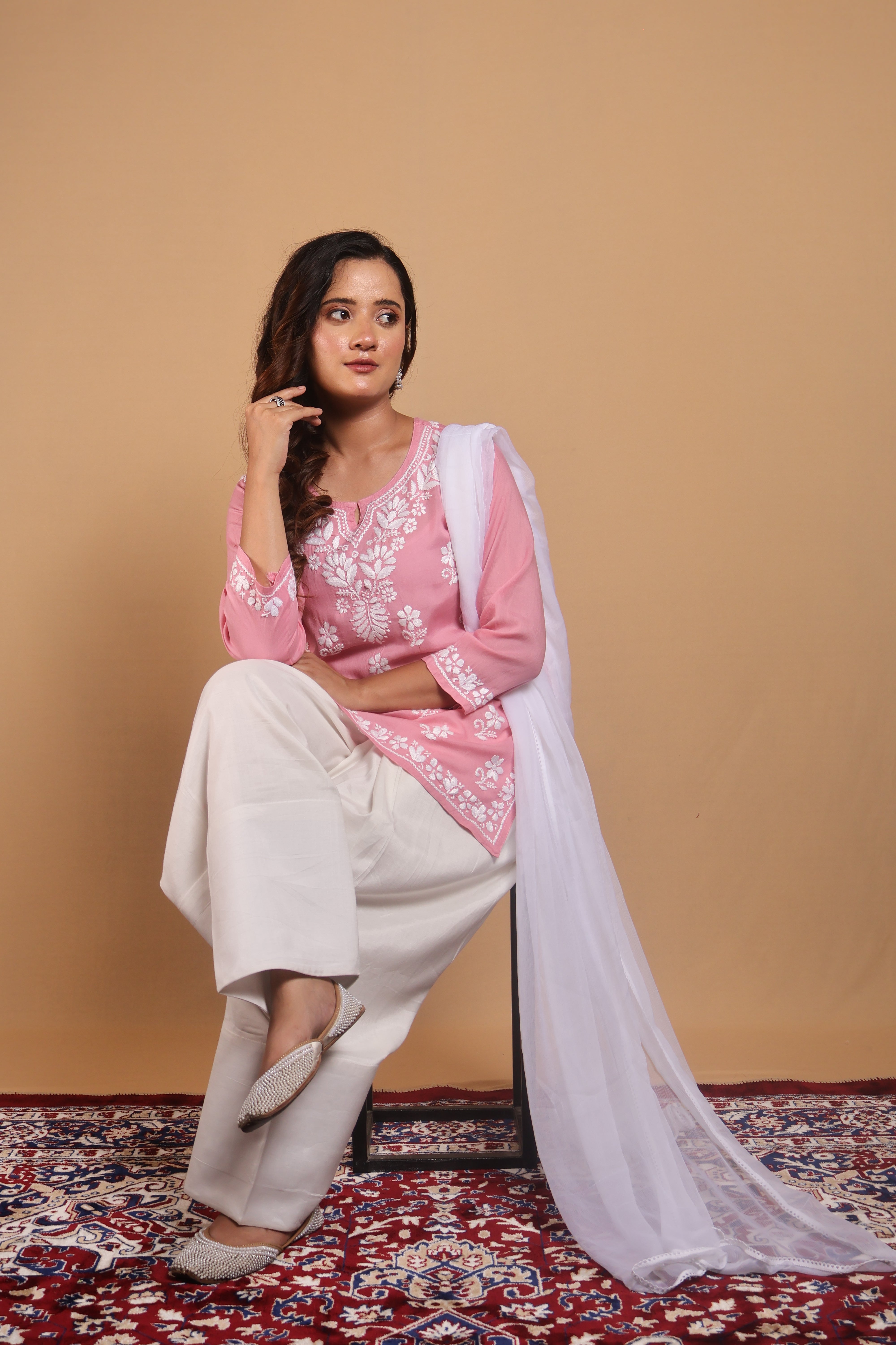 Peach Rayon Short Kurta Gala Boota 3 Piece Set