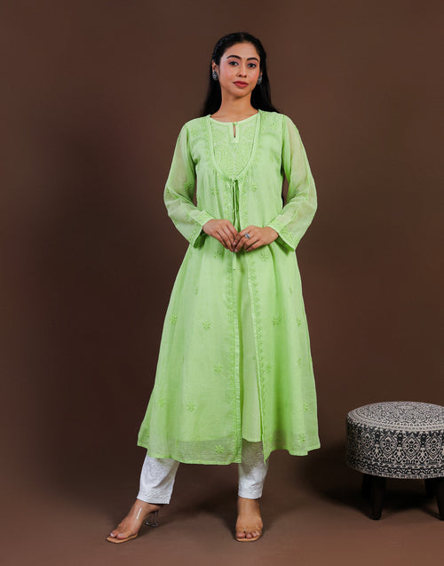 Urviya Chikankari Kota Doria Long Kurti - Shrug Style Green