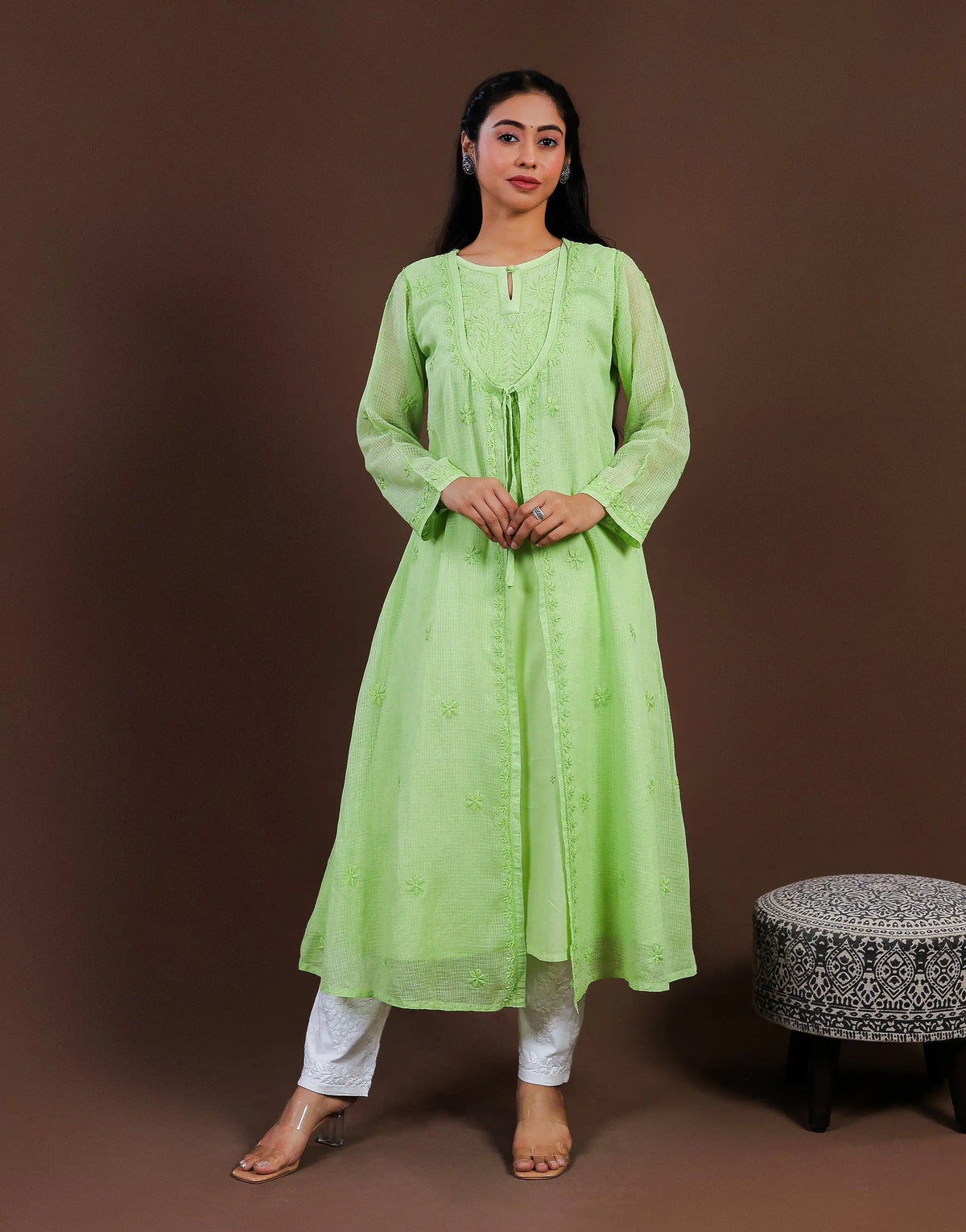 Green Kota Doria Shrug Long Kurti Green Kota Doria Shrug Long Kurti 