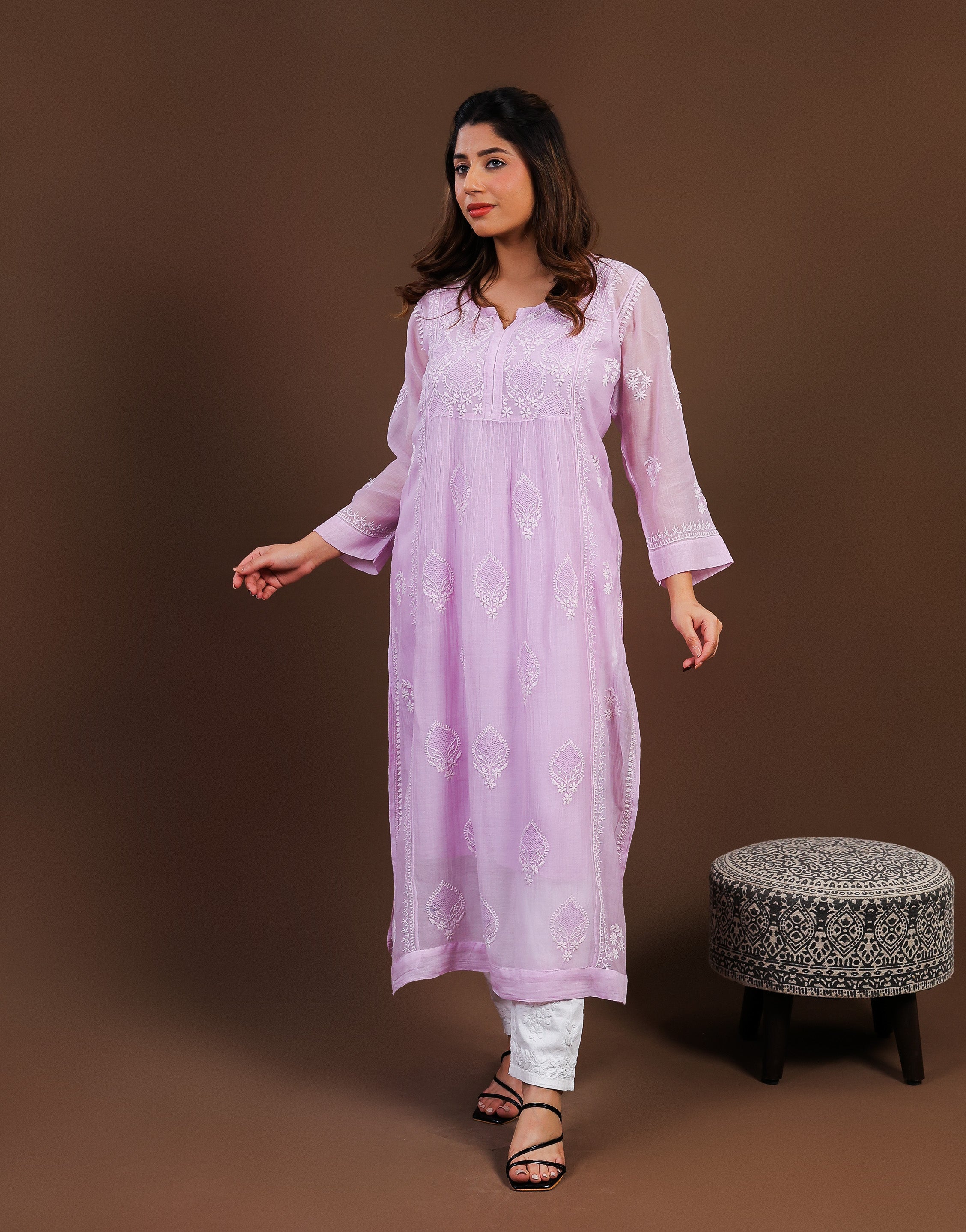 Urviya Chikankari Mul Chanderi Long Kurti – Nyra Cut with Jaali Boota Purple