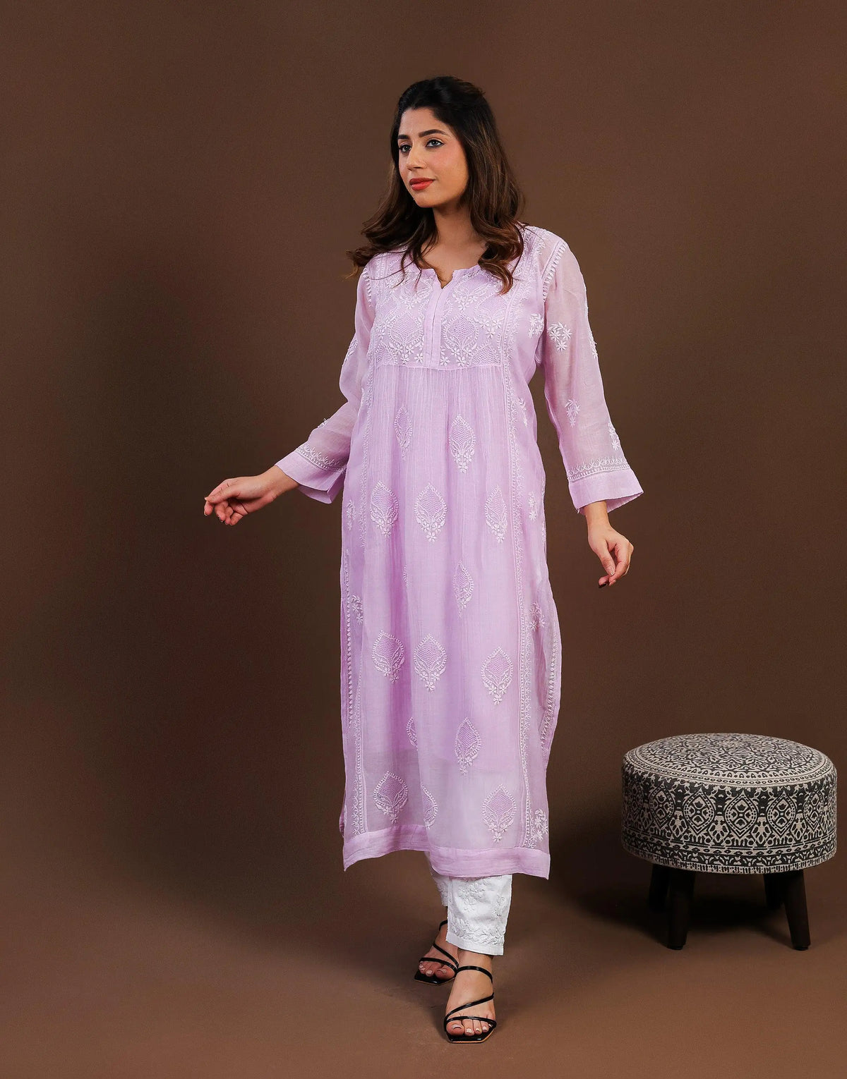 Purple Mul Chanderi Nyra Cut Long Kurti Purple Mul Chanderi Nyra Cut Long Kurti 