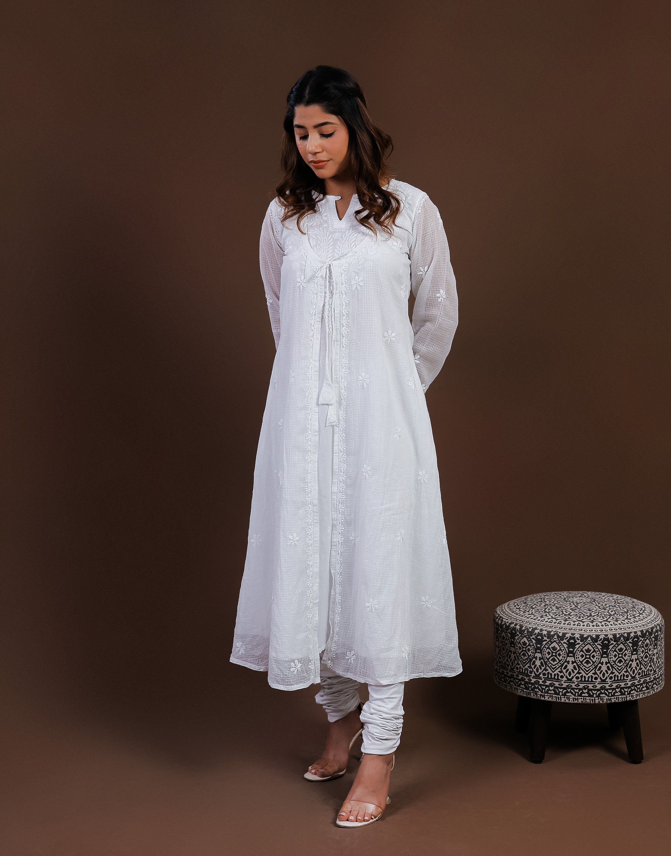 Urviya Chikankari Kota Doria Long Kurti - Shrug Style White