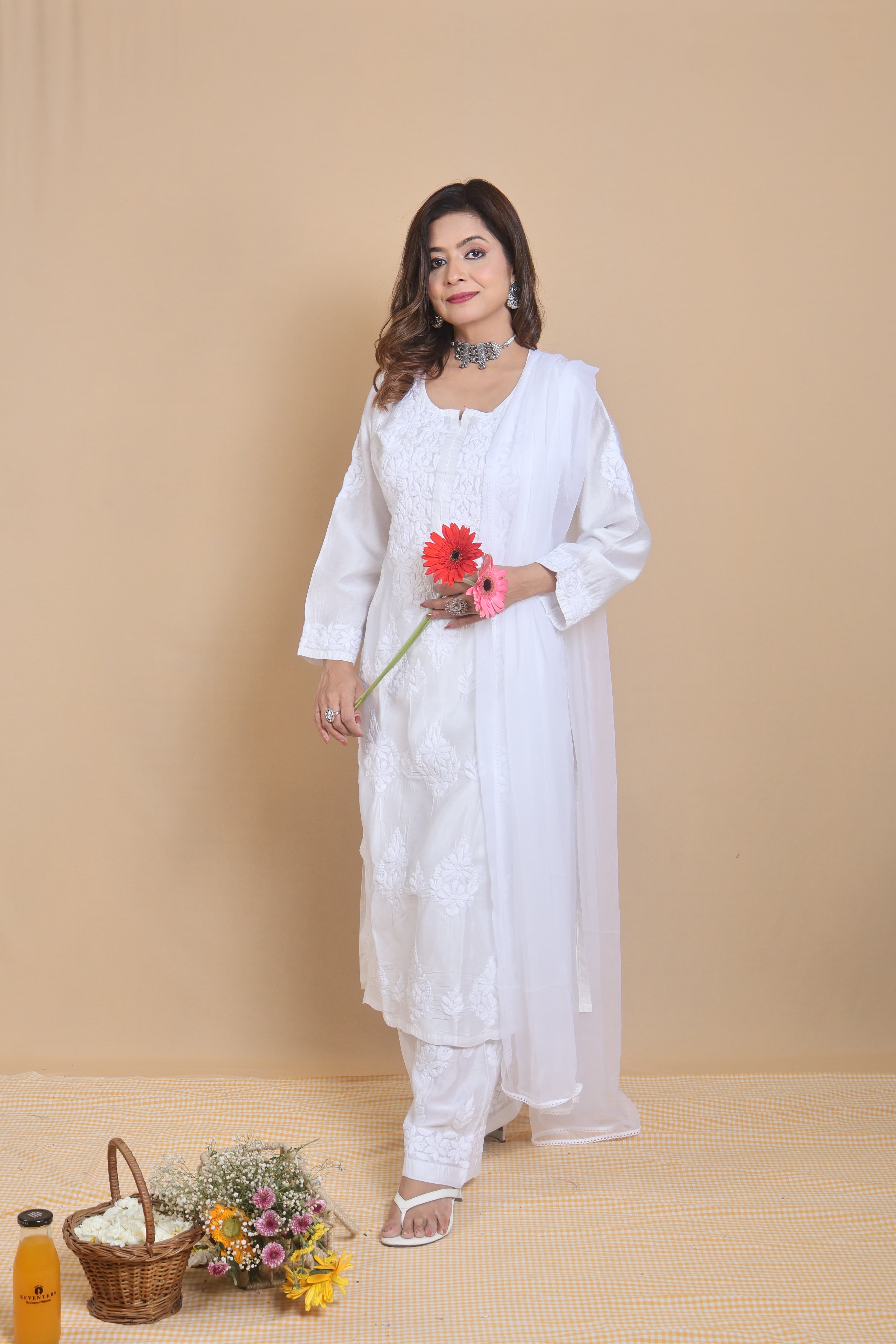 White Chanderi Ghaspatti 3 Piece Set