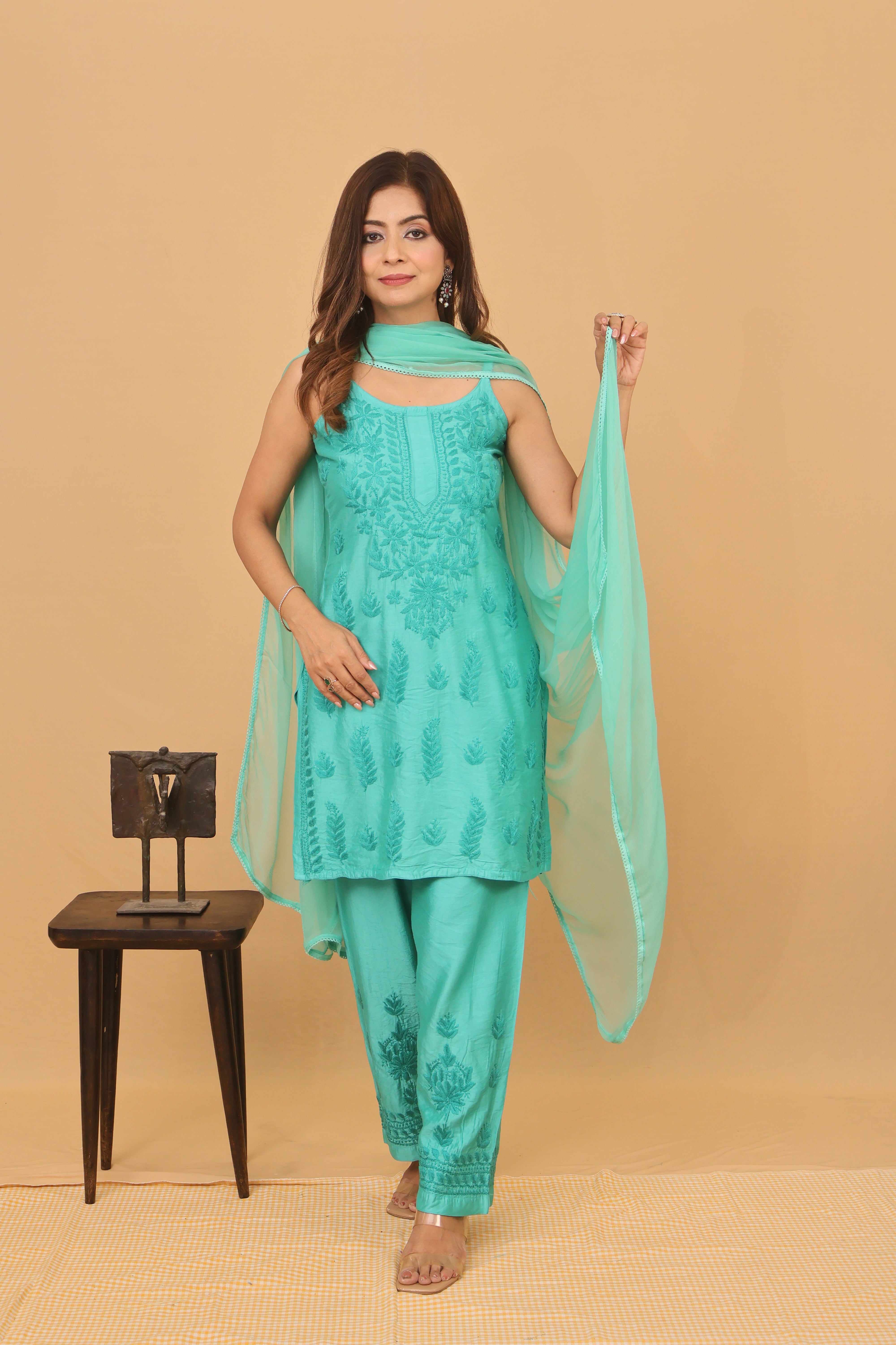 Green Chanderi Spaghetti Ghaaspatti 3 Piece Set