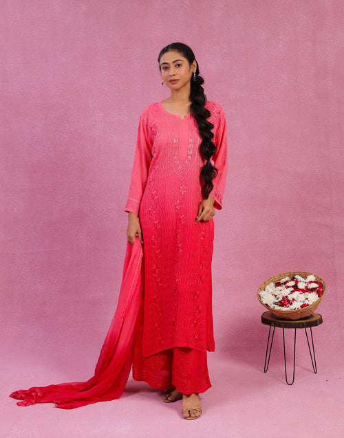 Urviya Chikankari Georgette 3 Piece set with Mukaish Work Ombre Red