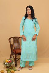 Sea Blue Mul Chanderi Long Kurti