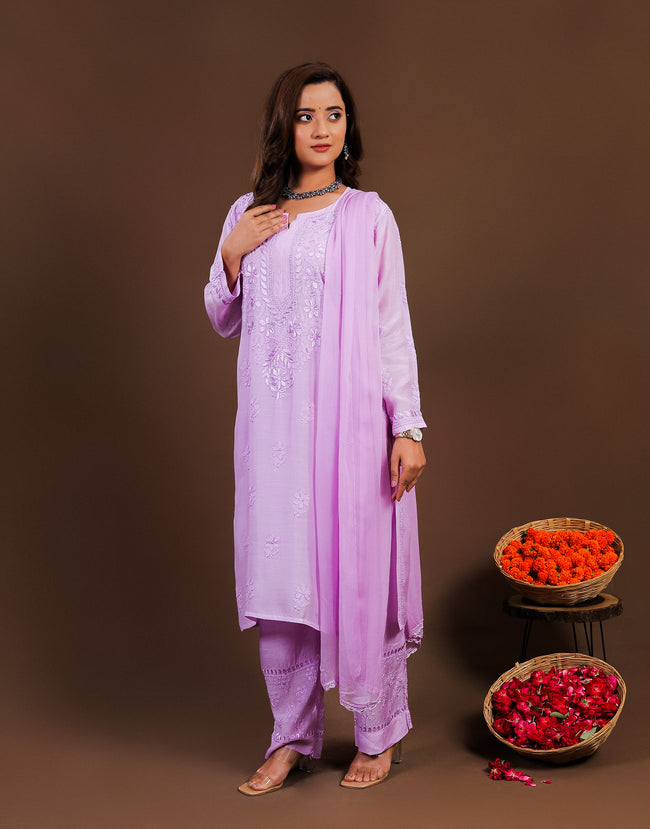 Urviya Chikankari Muslin 3 piece set - Bakhiya Ghaaspatti Work and Gala Boota Brick Red