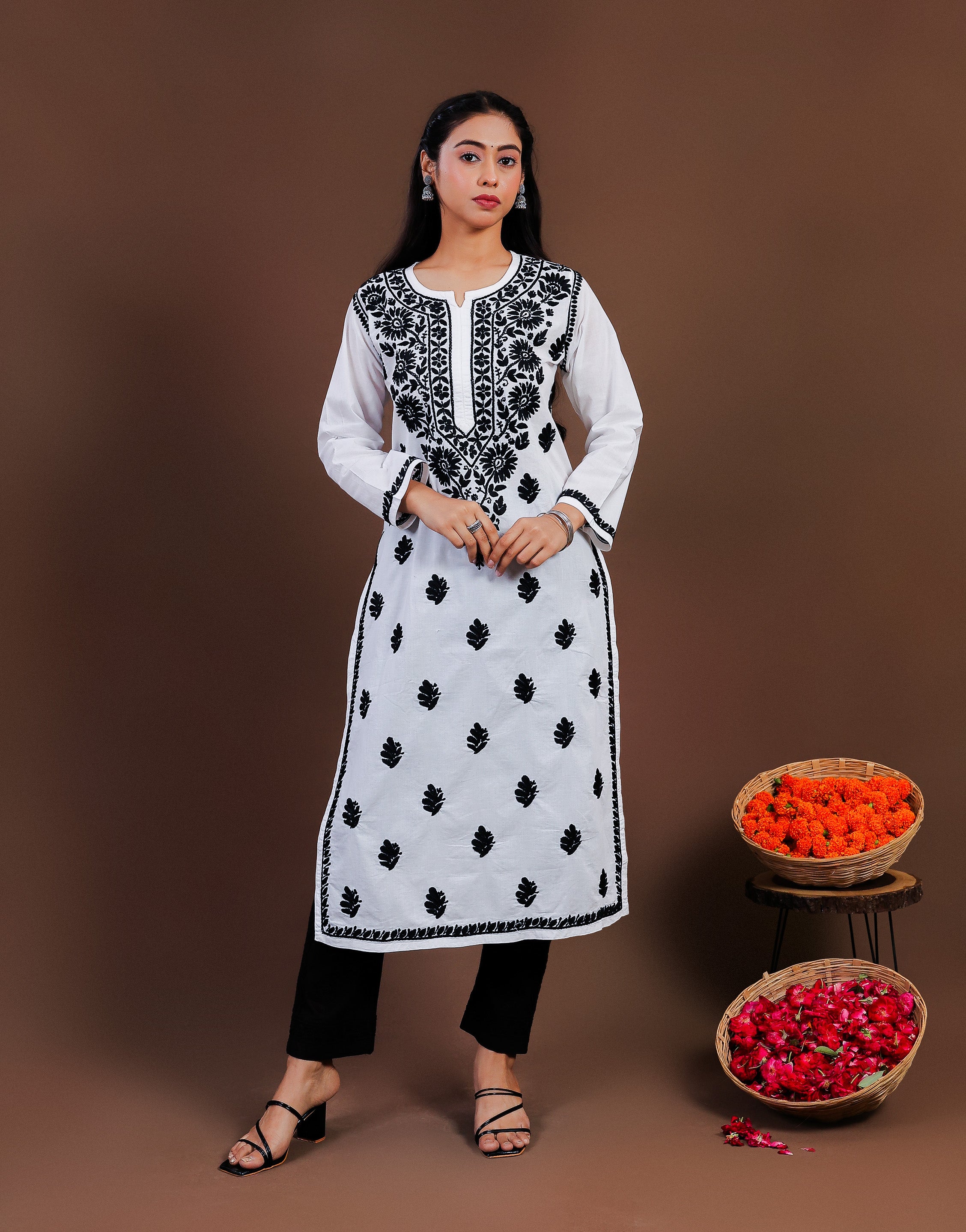 Urviya Chikankari Long Kurti Cambric Cotton - Black Thread on White