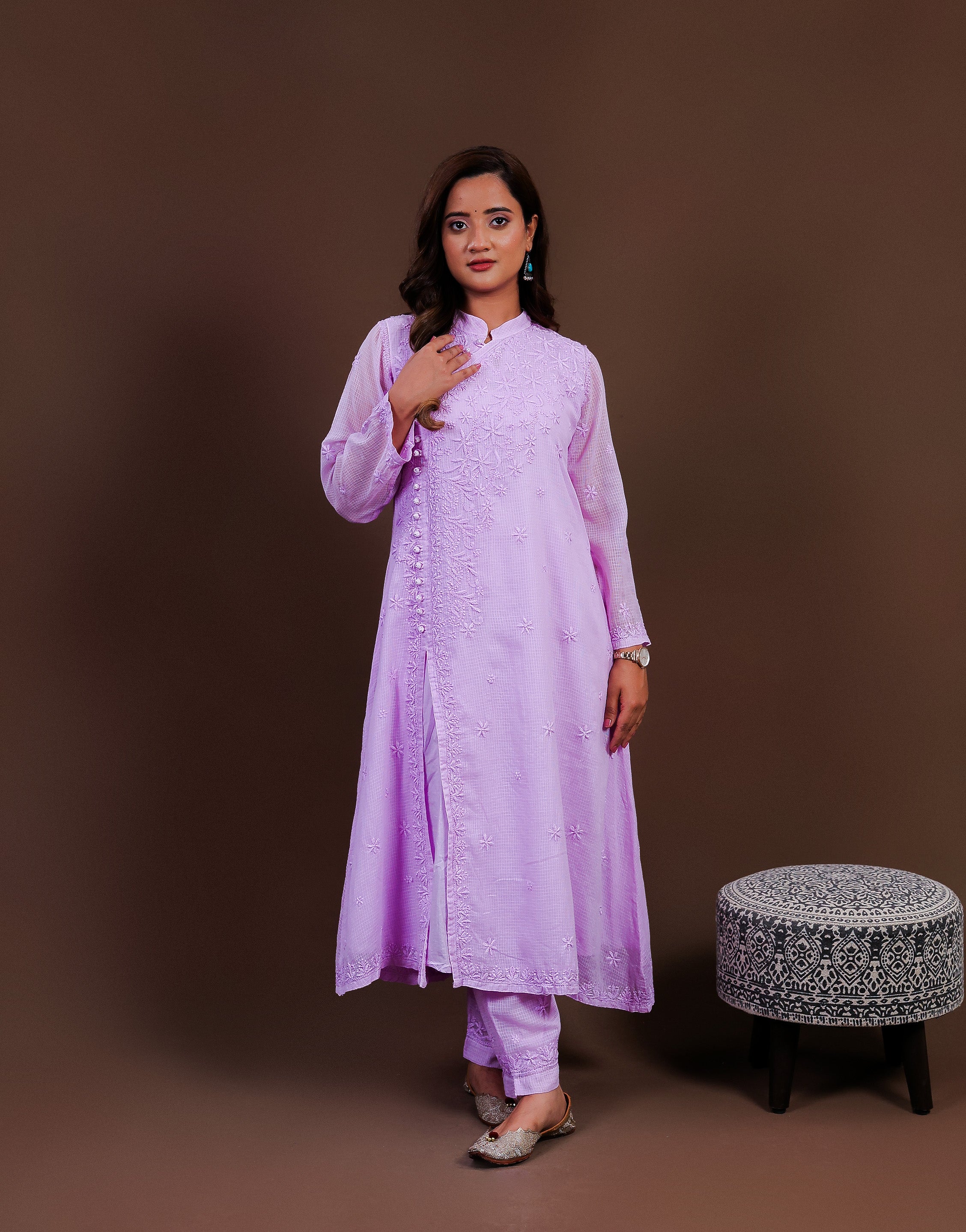 Urviya Chikankari Kota Doria Long Kurti - Side Button Purple